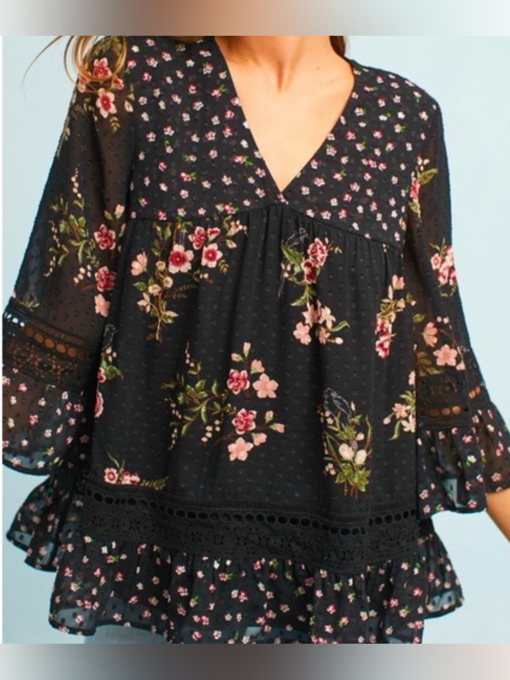Anthropologie Maeve Steffy Bell-Sleeve Blouse Black Floral Swiss Dot XS